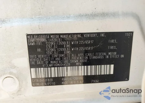 2021 Toyota Rav4 Hybrid Le z USA, uszkodzony, nr VIN 4T3LWRFV6MU044539